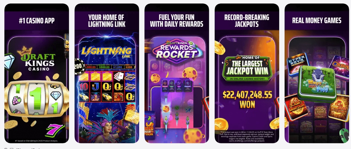 DraftKings Casino mobile app screenshots showing the slot reels logo, Lightning Link games, Rewards Rocket and a $22 million jackpot win